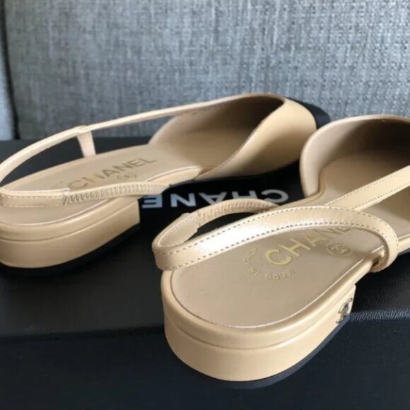 New Chanel Size 38 Goatskin Slingback Beige/Black Flat - Picture 6 of 7